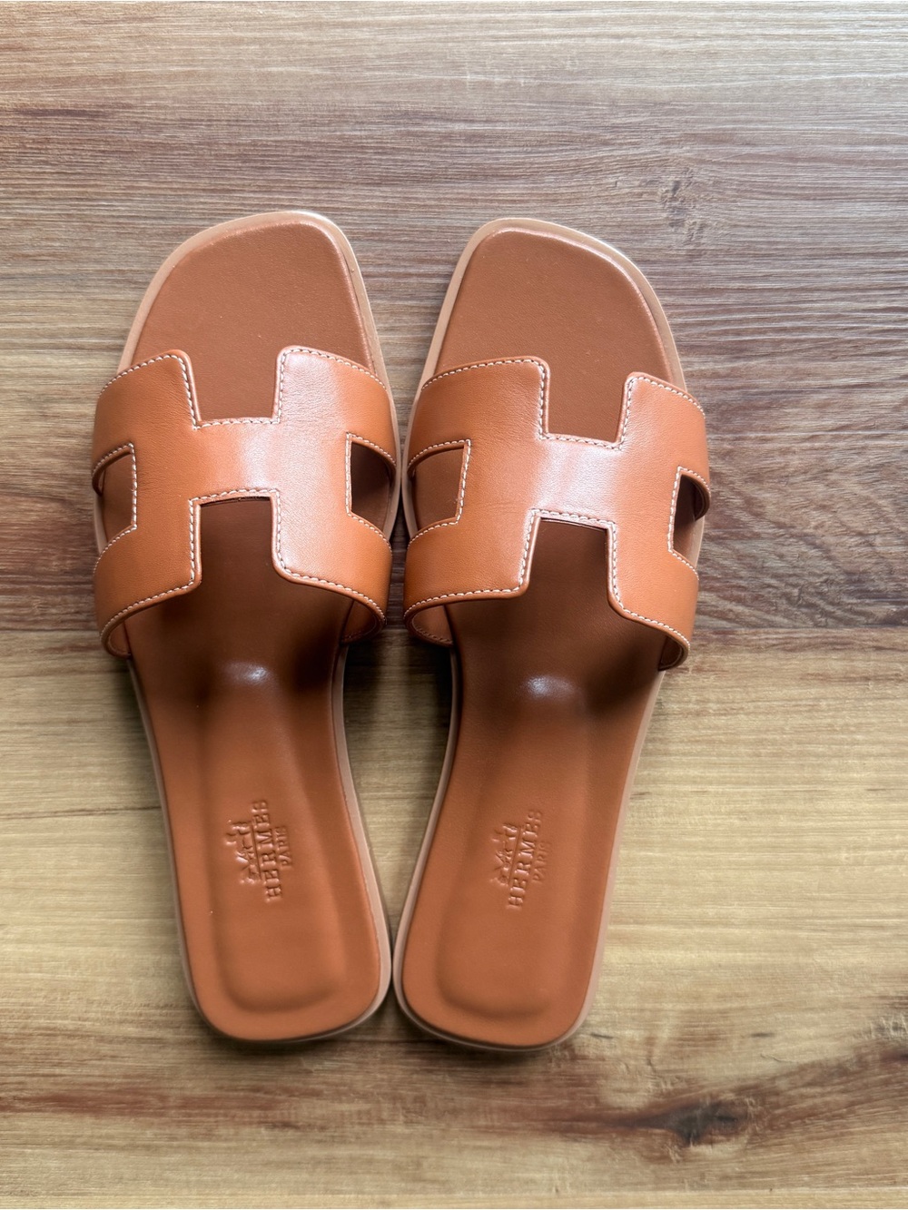 Hermes Oran Sandals Brown Veau Lisse Calfskin Size 37 H Slides Box Dust Bags